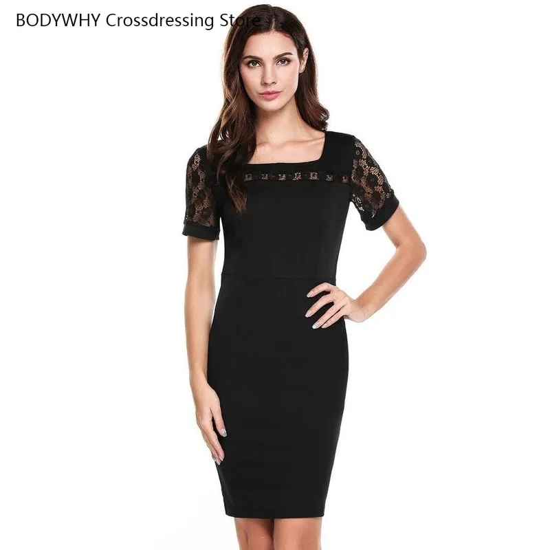 

European and American Temperament Ladies Lace Stitching Square Dress Collar Short Sleeve Pencil Dress Hot Sale