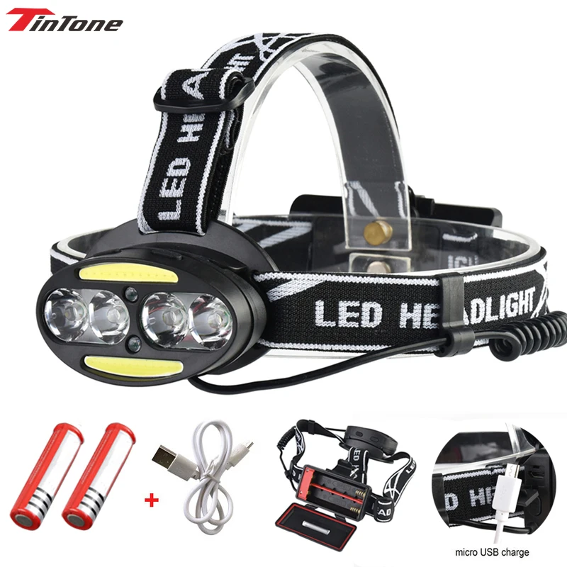 

8000LM Headlight T6+2*COB+2*Red LED HeadLamp USB rechargeable Flashlight Torch with 18650 batteries