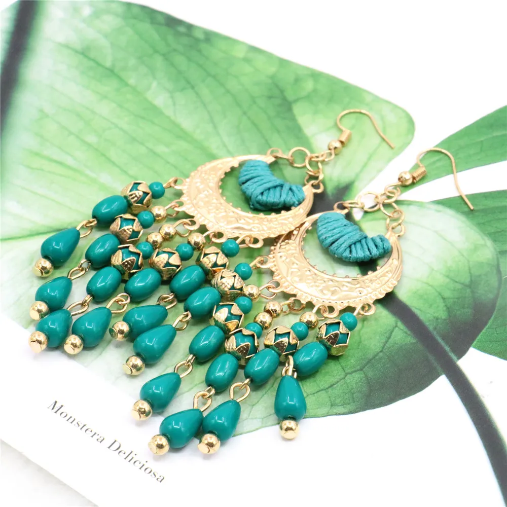 Женские серьги-подвески M375 простые этнические зеленые серьги с длинной