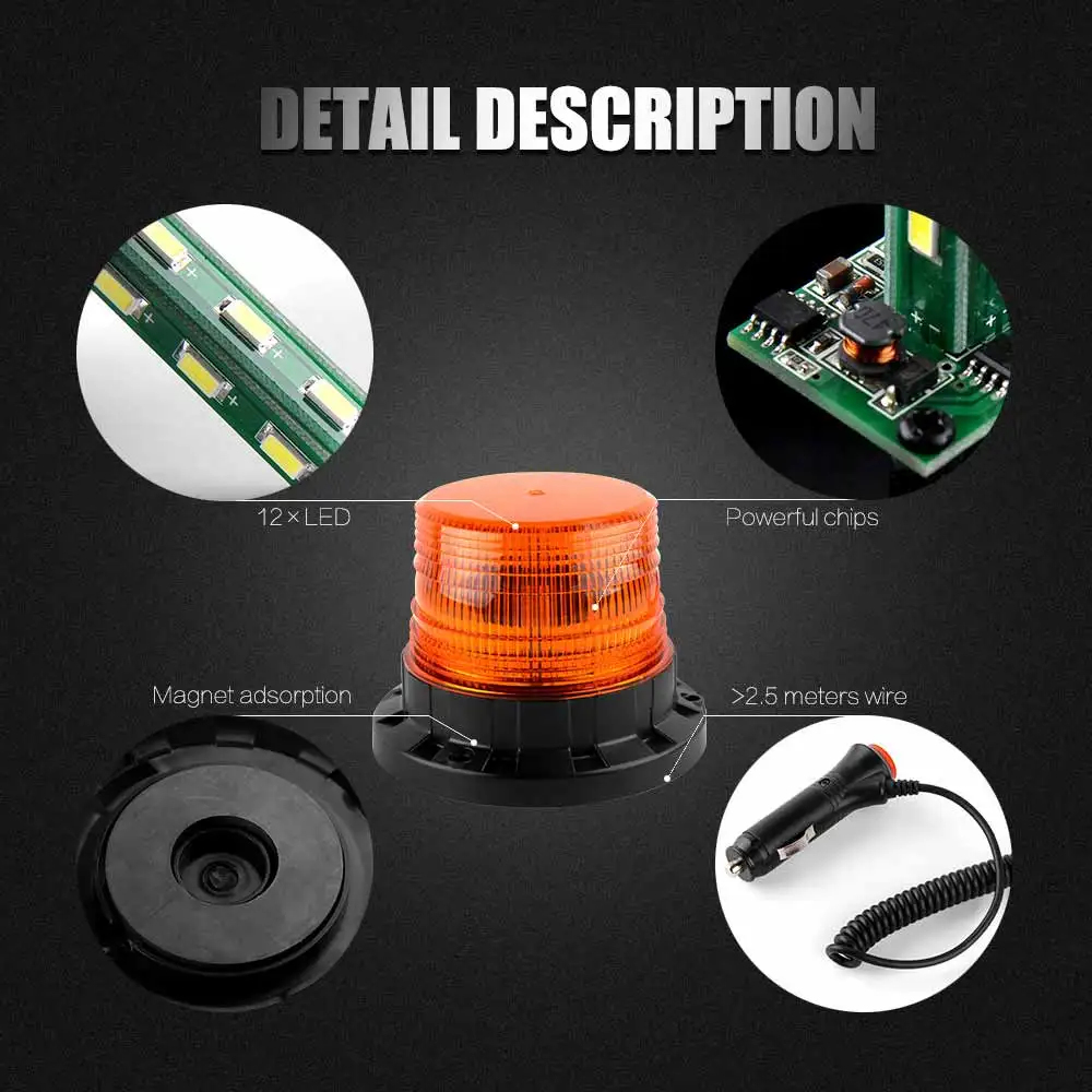 

Amber LED Car Vehicle Strobe Warning Light Police Flashing Beacon Magnetic Mounted Led Emergency Lighting Lamp 12/24V