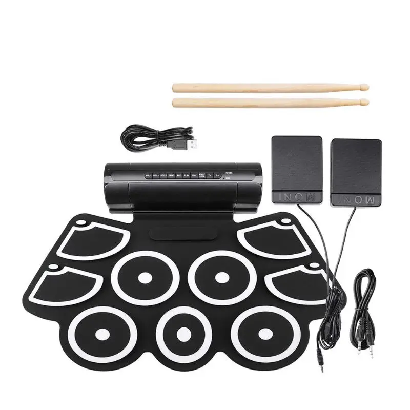 

Portable Electronics Roll Up Drum Pad Set 9 Silicon Pads Built-in Speakers with Drumsticks Foot Pedals USB 3.5mm Cable