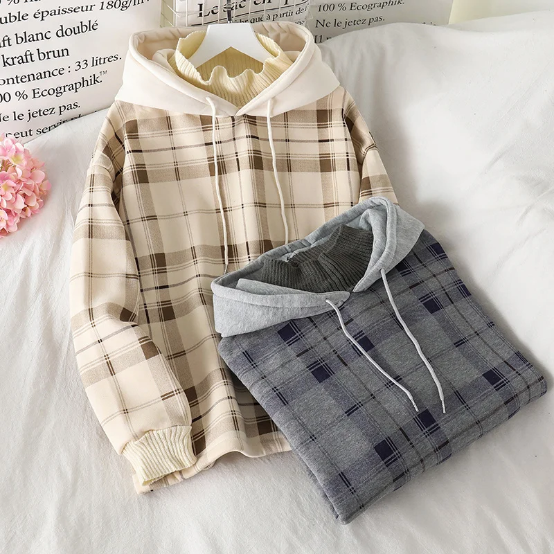 

Women Fleece Hoodies Sweatshirt 2021 Winter Plaid Pirnted Cotton Hooded Sweatshirt Casual Loose Hooded Pullover Oversize Jacket