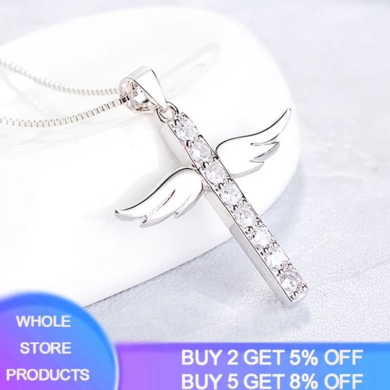 

YANHUI Fashion Women 925 Sterling Silver Necklace with Full CZ Zircon Angel Wings Cross Pendant Necklace Birthday Party Gift