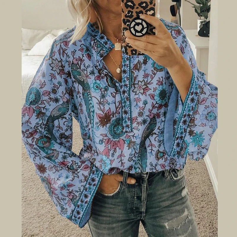 

2020 Fall New Retro Peacock Floral Printed Blouse Casual Stand-up Collar Long Sleeve Blouse Elegant Women Streetwear Blouses 5XL