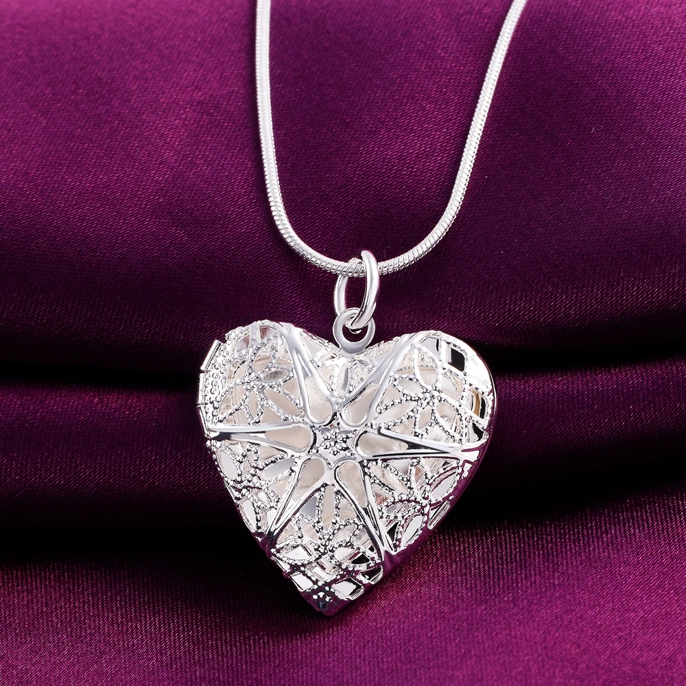 

925 Silver Plated Heart-shaped Photo Frame Pendant Necklace 45 Inch Length Pendant 2.8x2.6CM For Commemorative Jewelry Gift