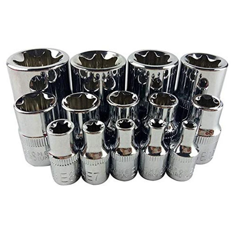 

Hot 14Pcs/Set E Torx Star Female Bit Socket Set 1/2inch 3/8inch 1/4inch Drive E4 - E24 Repair Tool Hand Tool Set