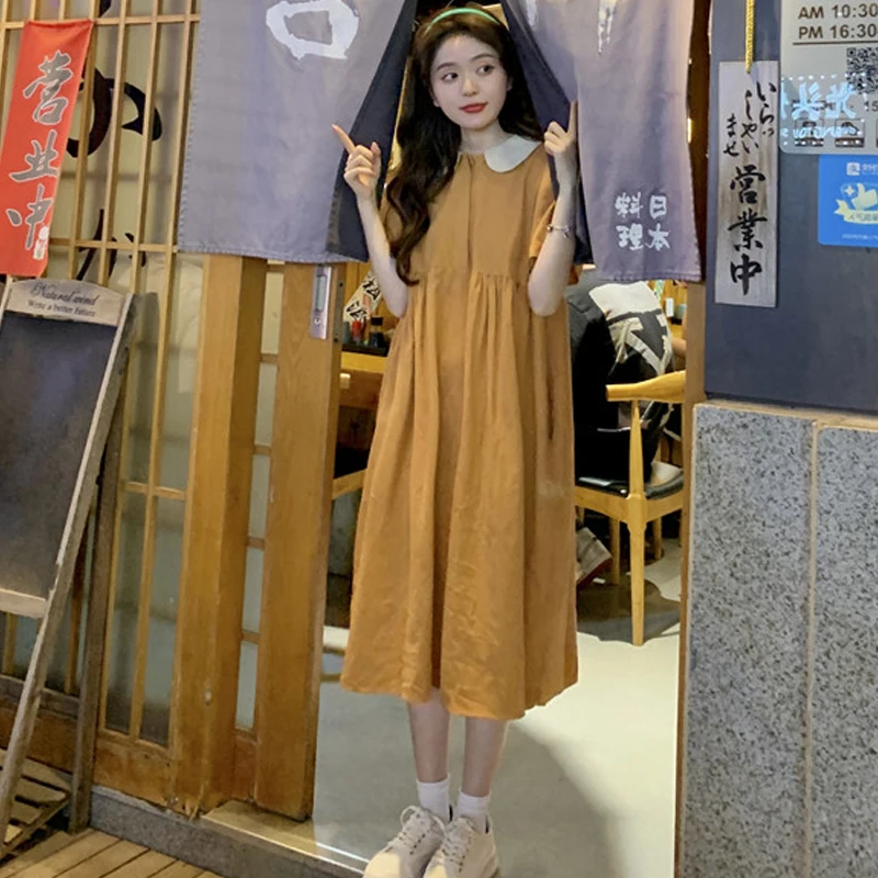 

Sweet Elegant Women Preppy Style Dress Summer Autunn Princess Dress Peter Pan Collar Loose Ruffles Mid-Calf Lady Dresses Vestido