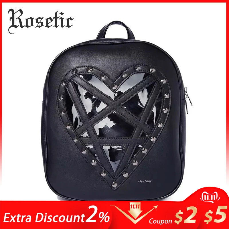 Rosetic, женский рюкзак из искусственной кожи, Harajuku, готика, в форме сердца, с заклепками, в стиле панк, пентаграмма, средний, хорошее качество, черный, повседневная, рок сумка