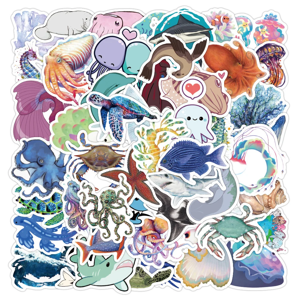 

50 шт. морских животных Стикеры s для детей стильная футболка с изображением персонажей видеоигр Медузы Акула КИТ наклейка "осьминог" Стикеры до холодильник Water Bottle канцтоваров