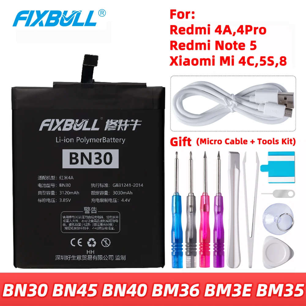 Батарея FIXBULL BN30 BN45 BN40 BM36 BM3E BM35 для Xiaomi Redmi 4 Pro 4A Note 5 Note5 Mi 4C 5S 8 Mi8, сменные батареи для телефона
