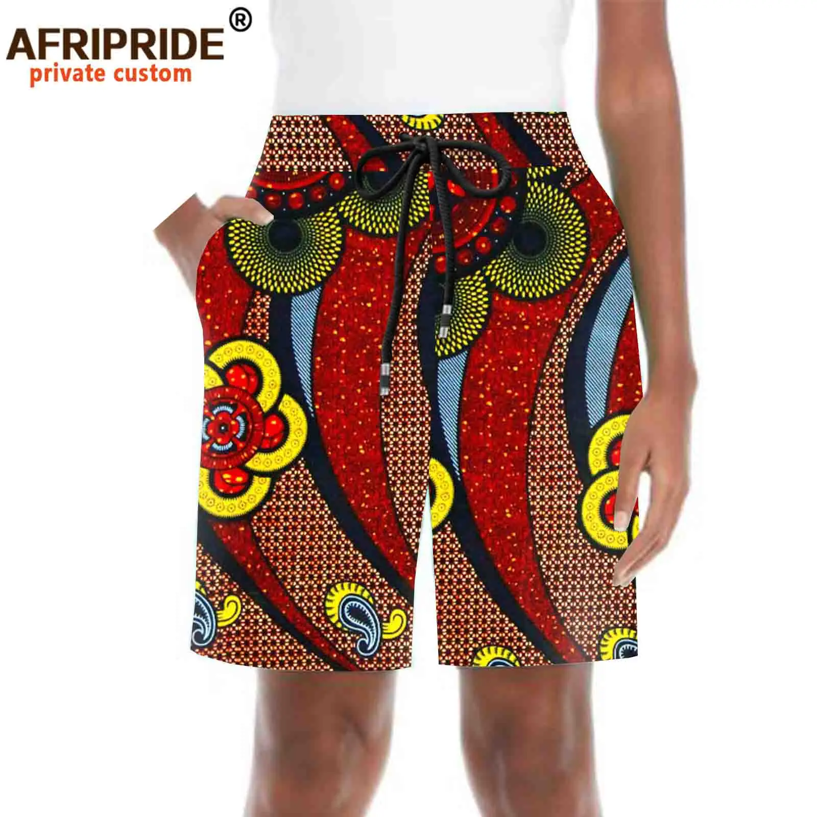 

African Unisex Summer Shorts Elastic Waist with Tie Ankara Print Thigh Length Casual Beach Shorts A2121001
