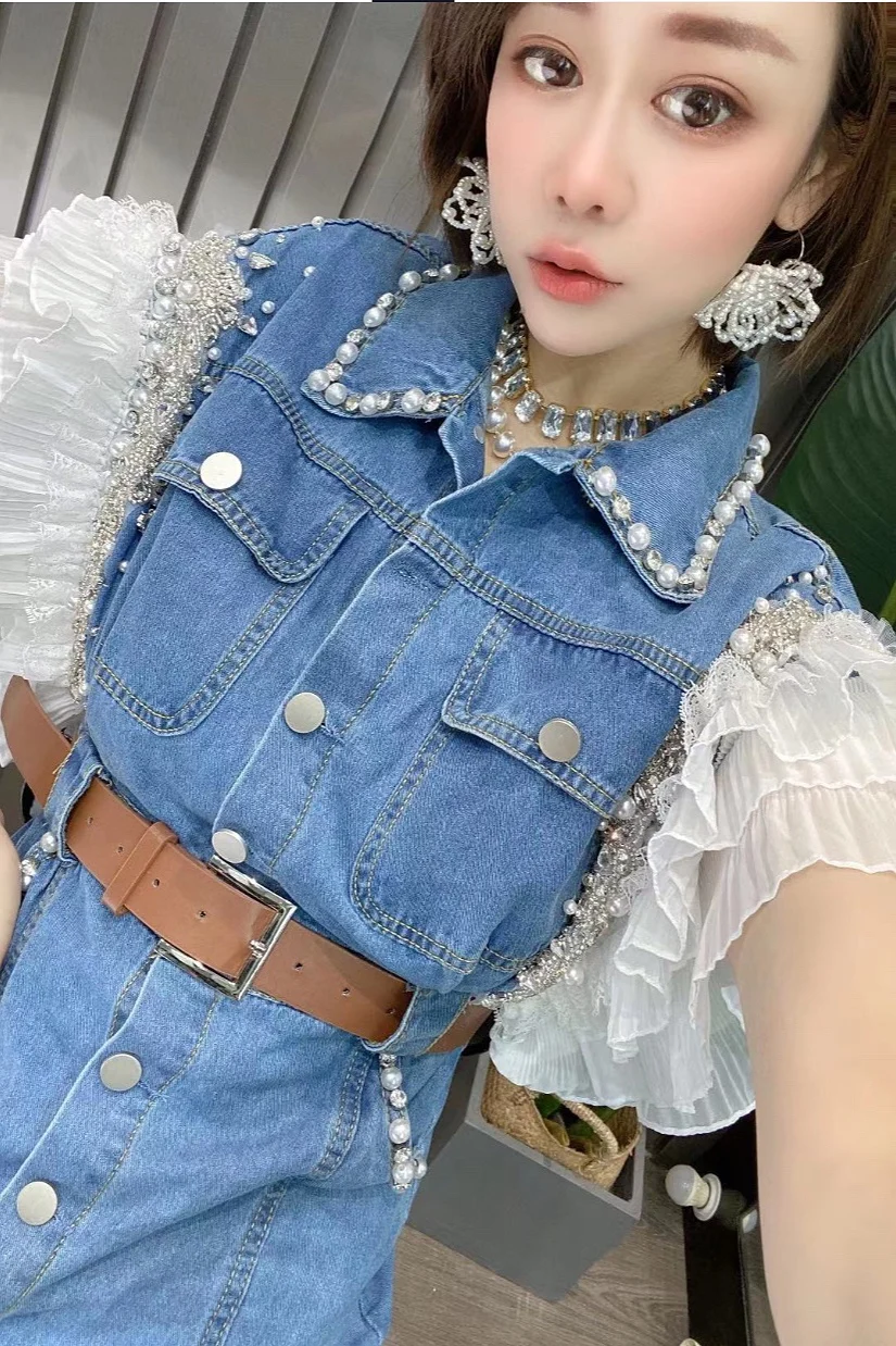 

Beaded Denim Dress for Women Summer 2021 New Beaded Flying Sleeves Waist Slimming Dress Female Bodycon Plus Size Dress
