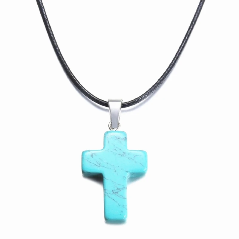 Yingwu Natural Stone Crystal Blue Turquoise Cross Pendant &amp Necklace Leather Chains For Men Women Fashion Jewelry 5pcs Lot | Украшения и