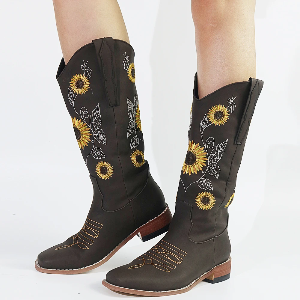 

SARAIRIS Fashion Sunflower Concise Great Quality Western Boots Comfy mid-calf Square Heel Cow Boy Women Shoes