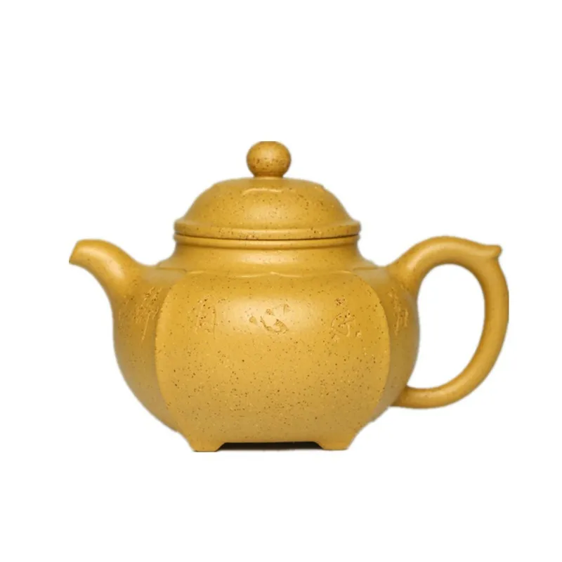 

Yixing purple clay pot sand mixing section clay lotus heart furnace pot hand engraved four corner teapot