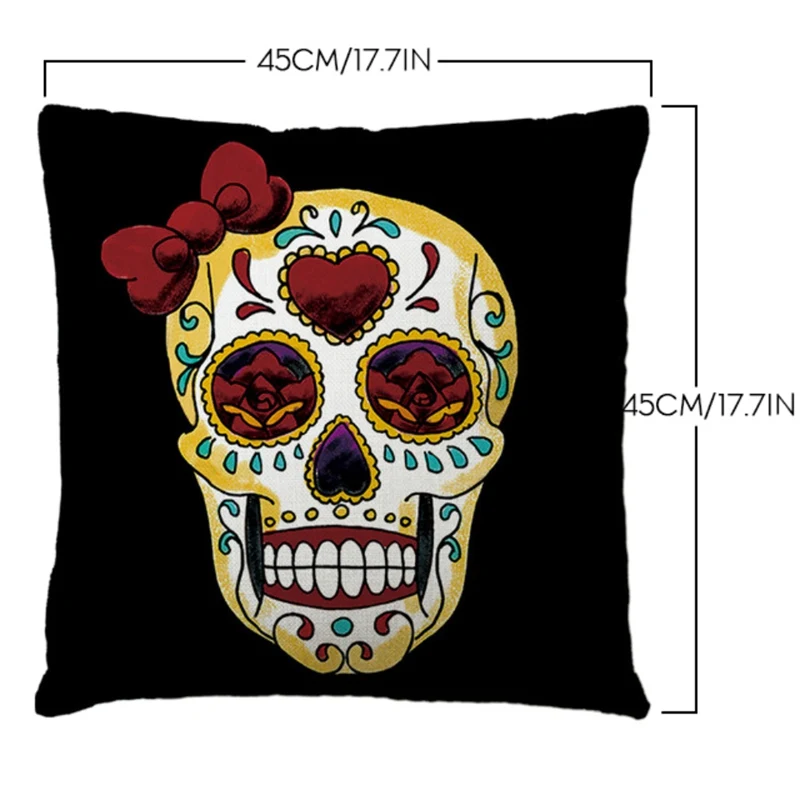 A Morden 45x45cm Halloween Sugar Skull Cushion Cover Mexican Skeleton Home Decorative Pillow Case Sofa Throw Pillow Cover - Color: A