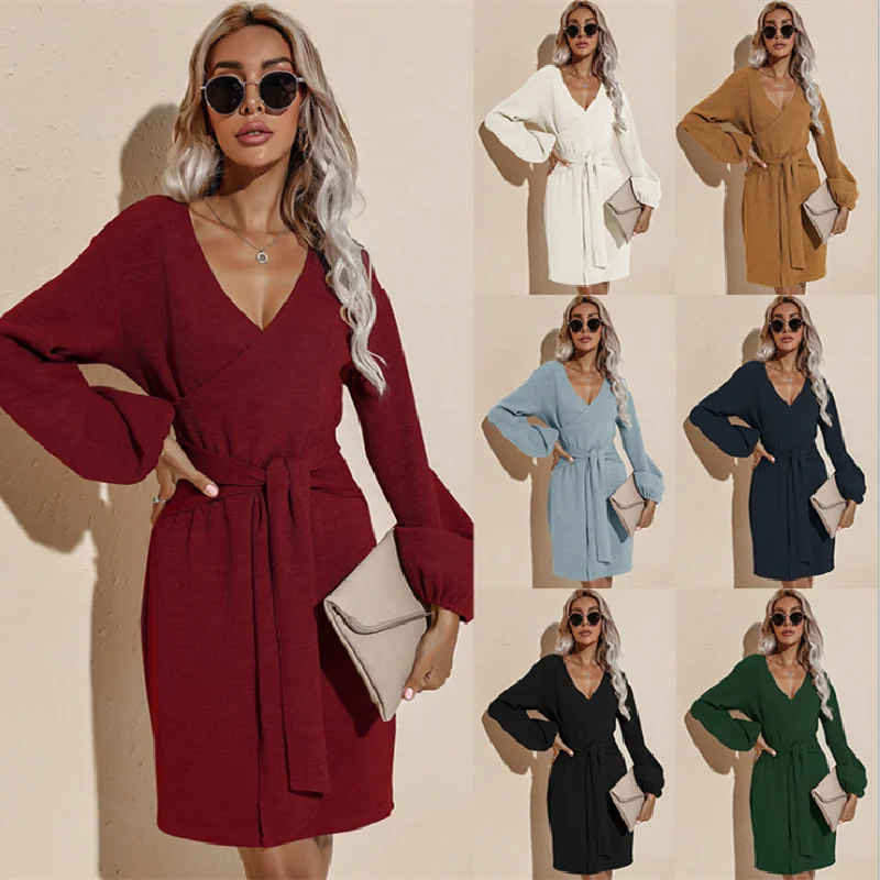 

Autumn Women Sweater Dress Elegant Lace-up V Neck Long Knit Vestidos Long Sleeves Pullover Thin Sweater Dress Solid Color