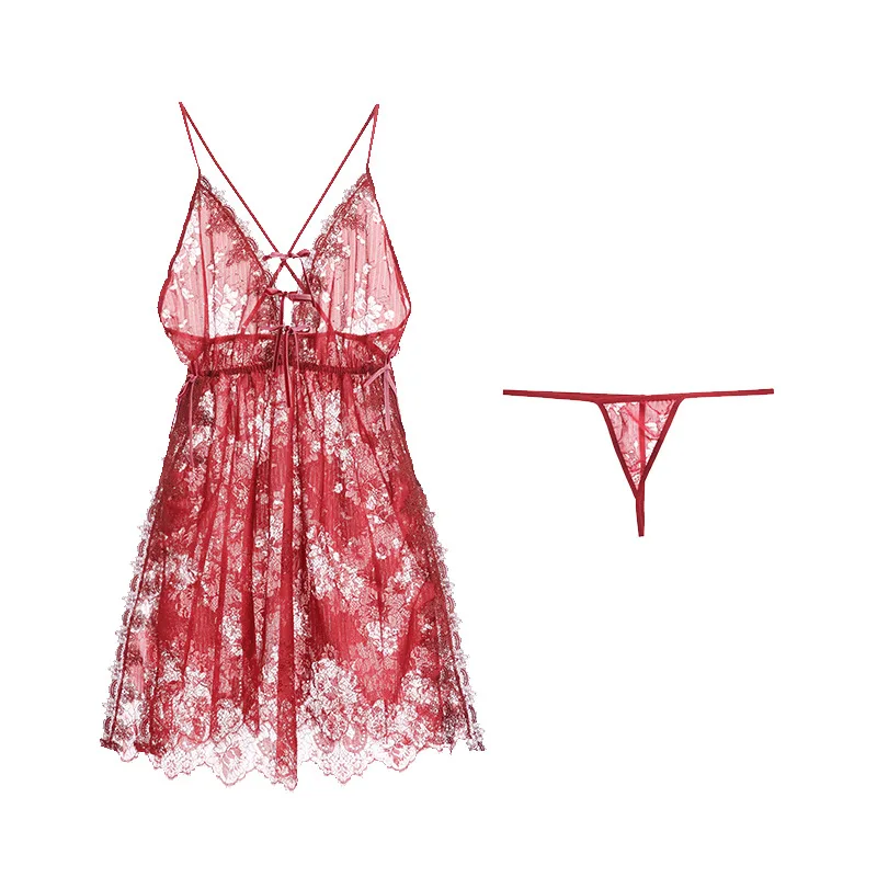 

New spring and summer rose if sexy see-through lace deep v temptation backless split nightgown embroidered condole leisurewear