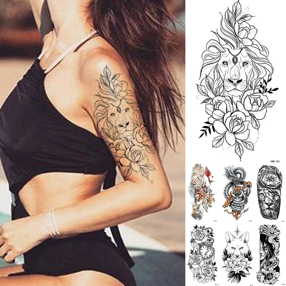 

Waterproof Temporary Tattoo Sticker Lace Rose Flowers Lion Flash Tattoos Wolf Fox Body Art Arm Fake Sleeve Tatoo Women