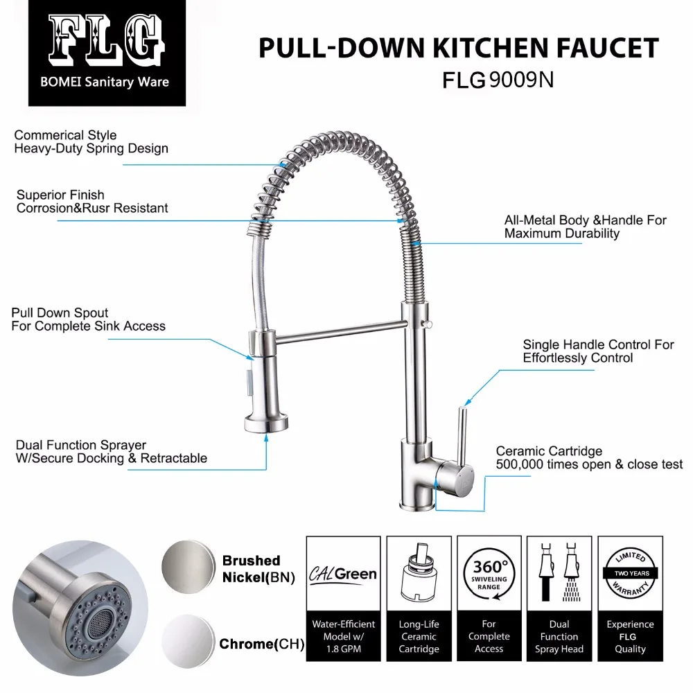 

Spring Style Kitchen Faucet Brushed Nickel Sink Faucet Pull Out Torneira All Around Swivel 2-Function Water Outlet Mixer Tap
