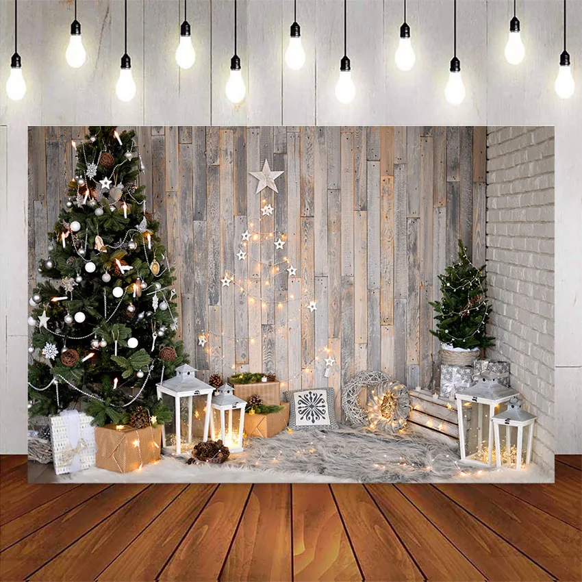 

Фон для фотографирования новорожденных с изображением деревенской деревянной стены и рождественской елки