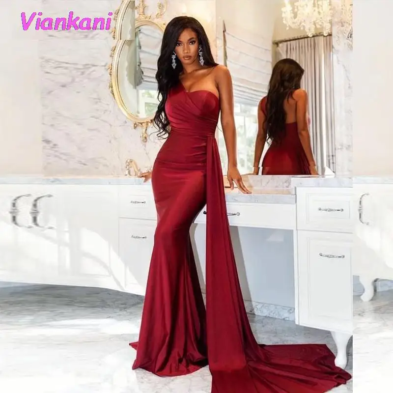 

One Shoulder Padded Sexy Satin Maxi Dress Women's Party Dress 2021 Gown with Ribbon Royal Burgundy Draped Long Dresses Vestidos