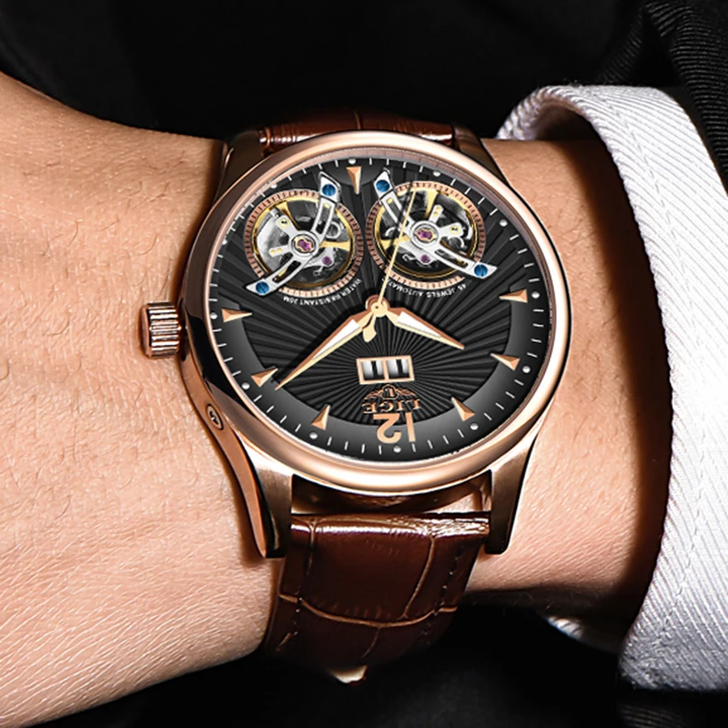 Мужские часы 2020 мужские LIGE повседневные кожа двойной турбийон механические Топ