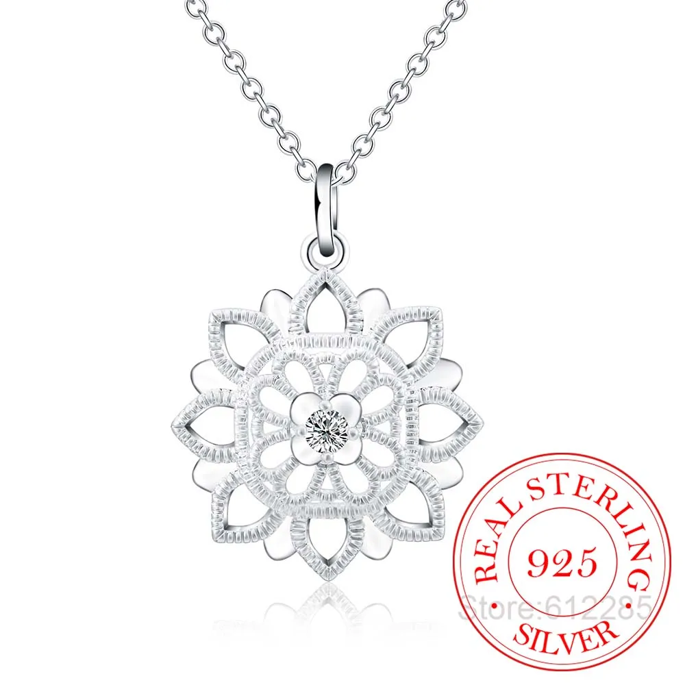 

2020 Vintage Bijoux Luxury Crystal Hollow Flower Statement Pendant Necklace for Women 925 Sterling Silver Fine Jewelry Accessory