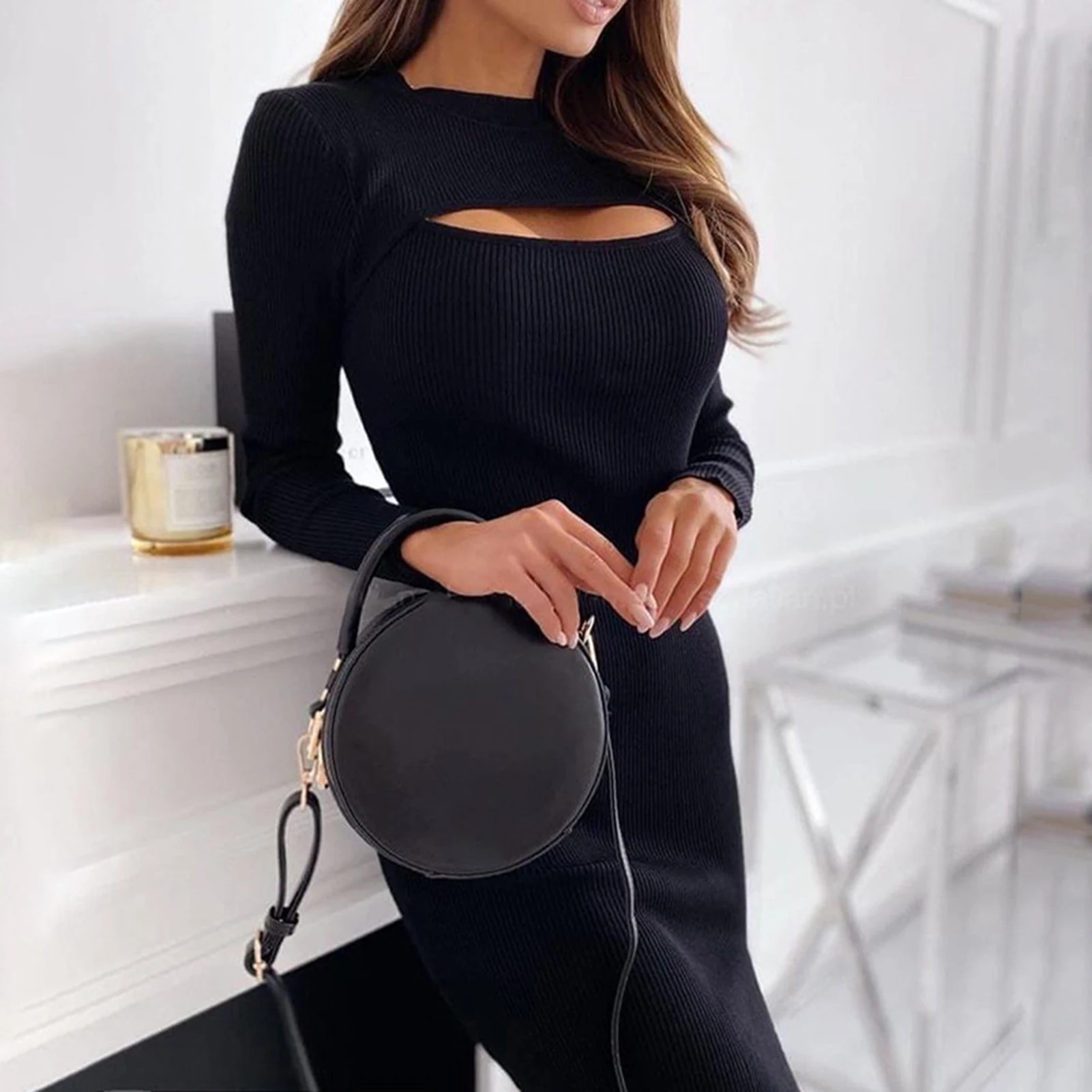 

Sexy Women O Neck Chest Hollow Out Split Hem Long Sleeve Knit Knee-Length Dress
