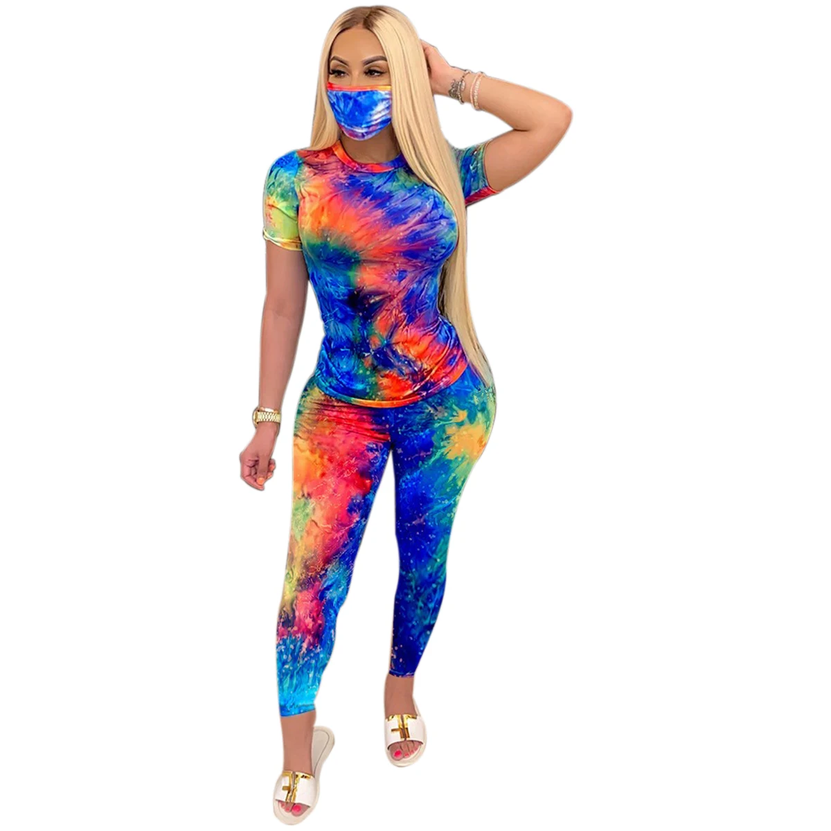 

Женская повседневная одежда, 2 шт., топ с коротким рукавом и принтом Tie Dye, одежда для сна набор длинных брюк