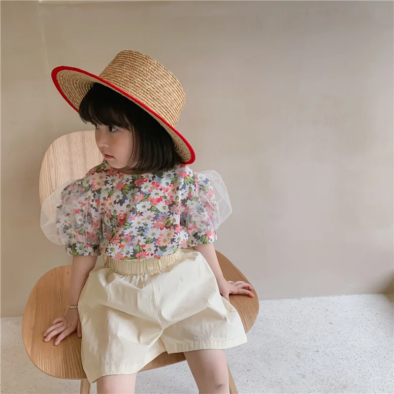 

Girls chiffon floral patchwork mesh short sleeve T shirts summer baby girls loose casual thin Tops
