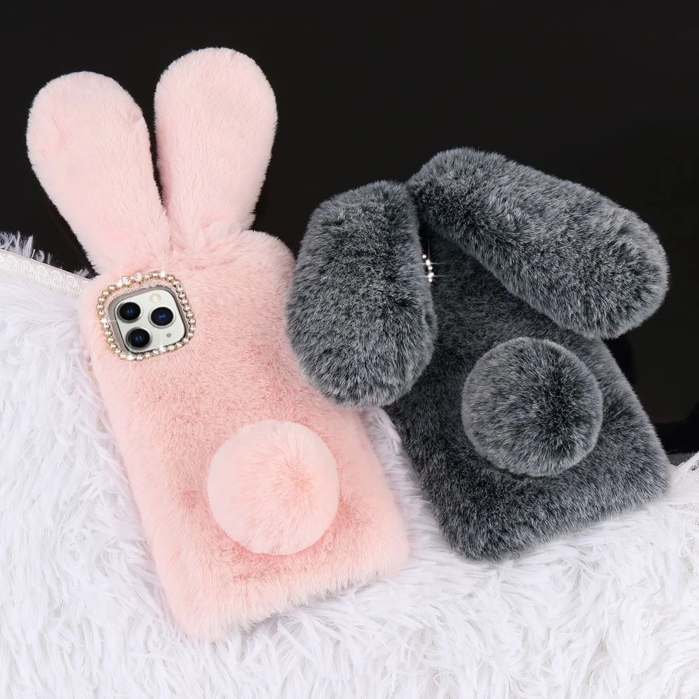 

Women Soft Rabbit Fluffy Fur Case for iPhone 11 Pro Max Xr X Xs Max 6S 6 7 8 Plus 5 5S SE 2020 12 Mini Glitter Bling Phone Cover