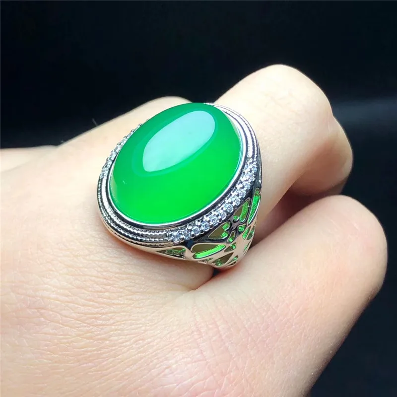 

Natural 925 silver inlaid with green chalcedony finger Charm Jewellery Women's Hand-Carved for Women Men Fashion Accessories