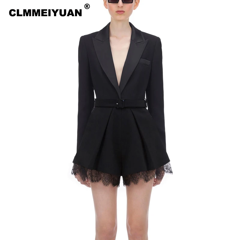 Модный осенне зимний 2019 женский черный блейзер с поясом Комбинезон элегантная