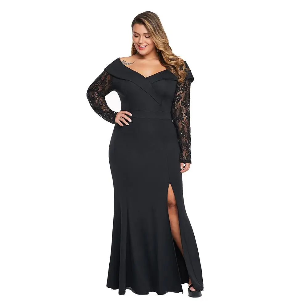

4xl 5xl deep v-neck party night dress plus size women maxi dress slit black lace sexy long dress big size winter dresses 2019