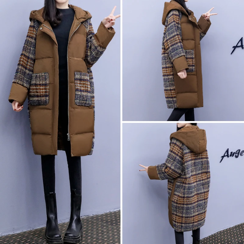 

Down Cotton-Padded Coat Patchwork Wool Coat New Winter Clothes Plus Size Women's Clothing Plaid Woolen Patchwork Cotton-Padde Gg