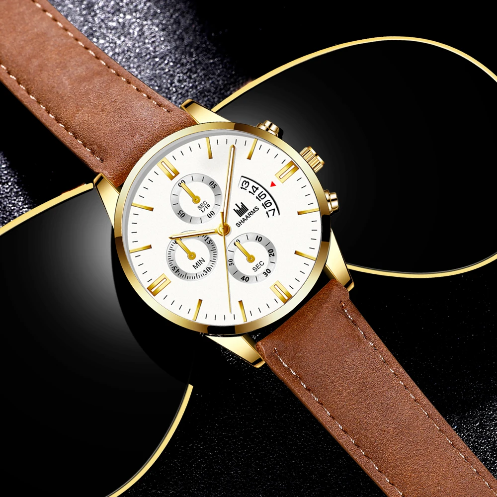 Мужские кожаные часы новая мода чехол из нержавеющей стали календарь кварцевые