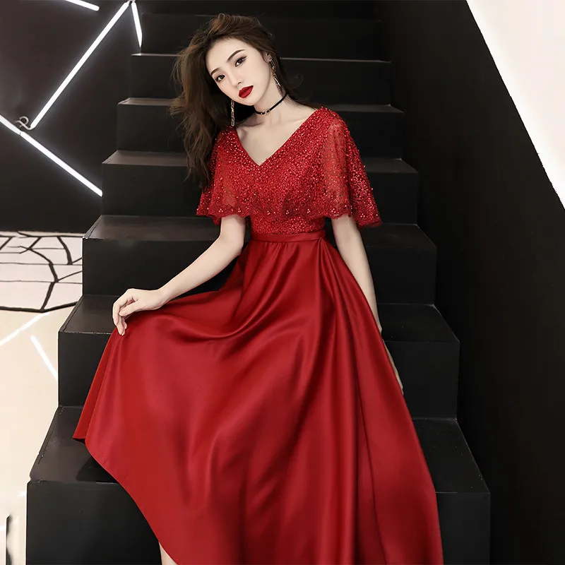 

XS-3XL Burgundy Women Elegant Bridal Wedding Dress Sweet Ruffles Evening Party Dresses Exquisite Beading Novelty Banquet Gown