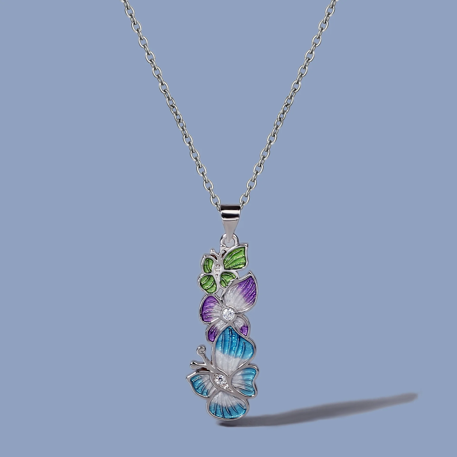 

Creative Two Butterflies Paint Pendant Chian 925 Silver Exaggerated Long Enamel Leaf Flower Necklace For Ladie silver necklace