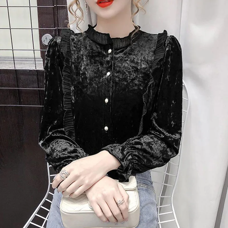

Lucyever Flare Sleeve Chiffon Shirts Women 2022 Spring New Ruffles Stand Collar Blouses Woman Wild Solid Long Sleeve Blouse