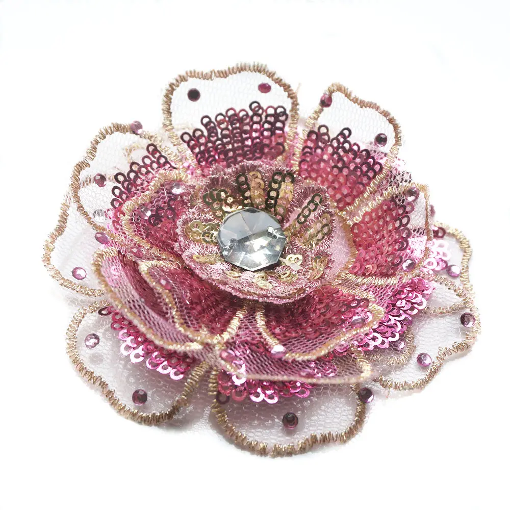 8 см розовый блесток вышитые 3D цветок голова нашивка на одежду сетка многослойная