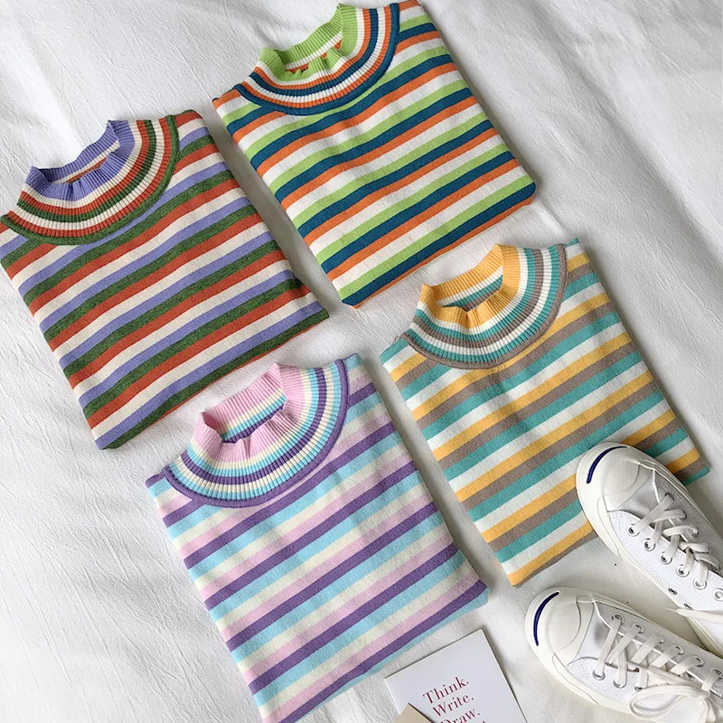 Новинка 2019 тонкий Радужный вязаный свитер полосатый стрейчевый с высоким