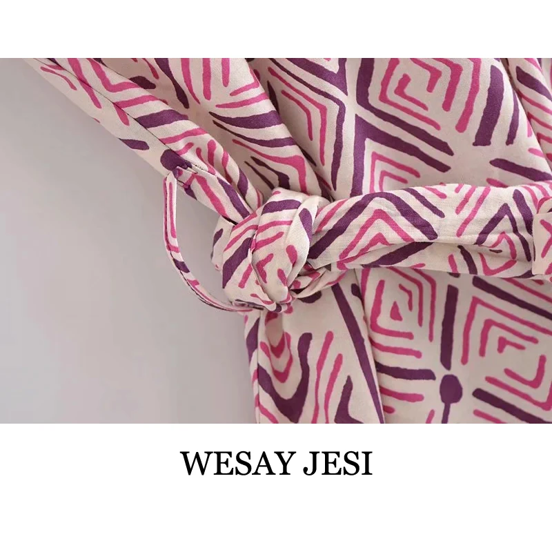 

WESAY JESI ZA Ladies Dress 2021 Summer Elegant Fashion Printed Sleeveless Dress Chic Retro Waist Belt Halter Neck Ladies Dress