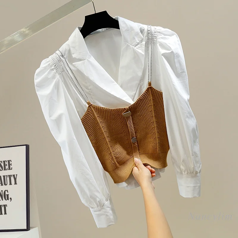 

Осенняя рубашка для женщин, свободная двубортная рубашка с длинным рукавом, верхняя одежда, шерстяной вязаный жилет с металлическими лямка...