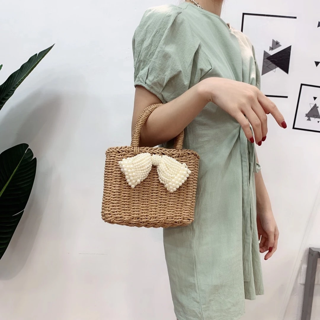 

2021 Brown Eco Friendly Straw Bags Pearl Bow Handwoven Summer Beach Handbags Mini Luxury Branded Design Purses