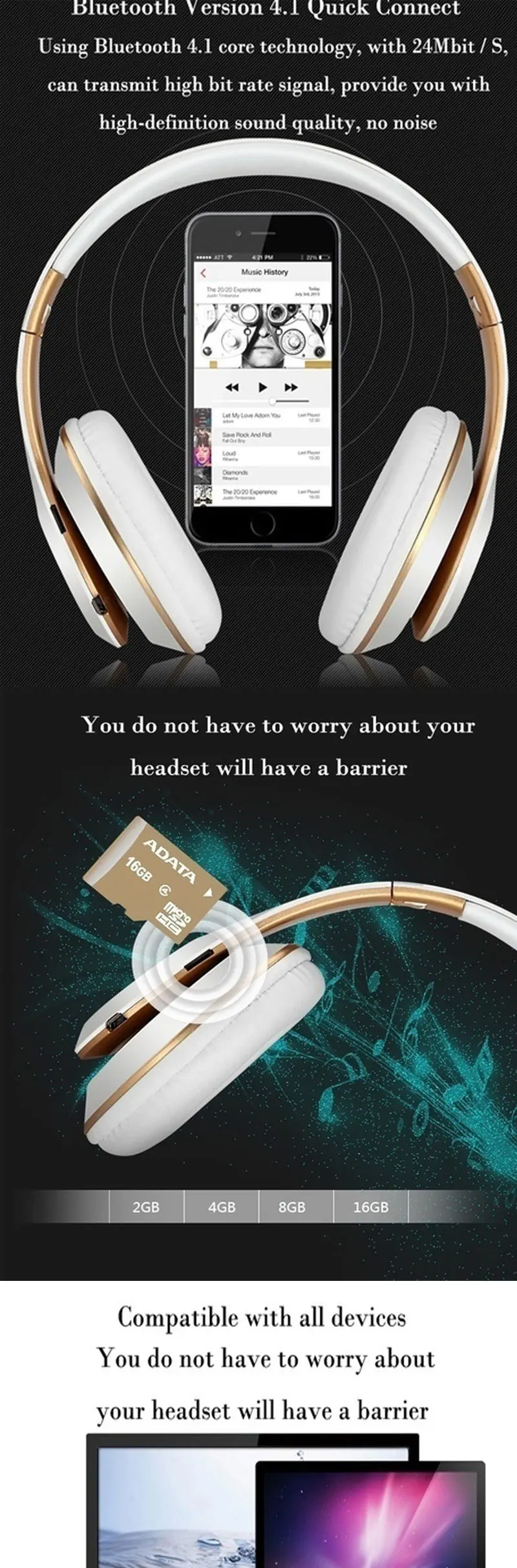 Беспроводная bluetooth-гарнитура беспроводные наушники Bluetooth стерео HIFI Складные портативные наушники с микрофоном TF карта AUX кабель