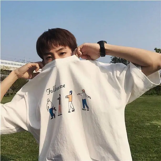 

100% Cotton Hong Kong Style Summer Short Sleeve Men 's Fashion Ins All -Matching Top T- shirt Male Student Loose round Neck Half