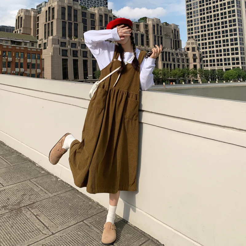 Платье женское вельветовое средней длины винтажный Повседневный длинный