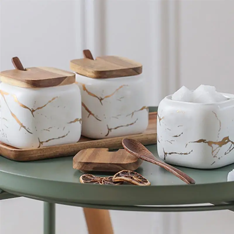 

Nordic Spice Jars Ceramic Seasoning Pot Candy Cookies Tea Coffee Beans Organizer Bottle Wood Lid Salt Shaker Kitchen Organizer