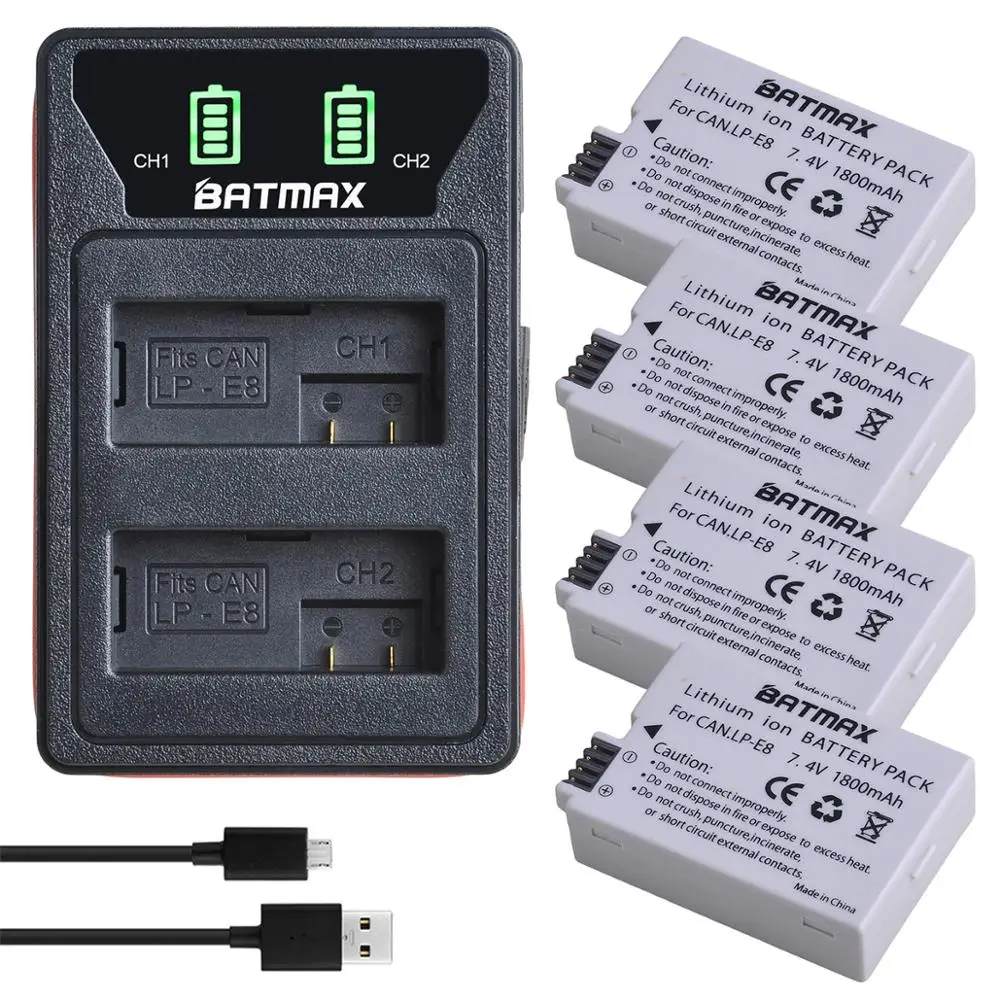 4 шт. 1800 мАч LP-E8 LP E8 LPE8 камера батарея + светодиодный встроенный USB зарядное